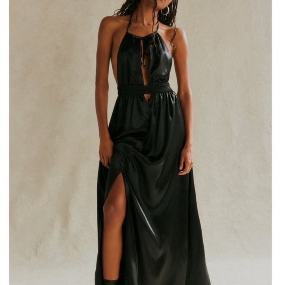 Free People Black Satin Backless Dress